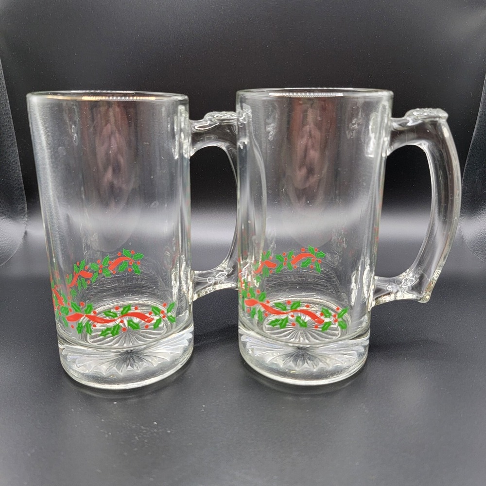 Libbey Glass Irish Beer Mugs Christmas Holly & Ribbon 2 Pieces
